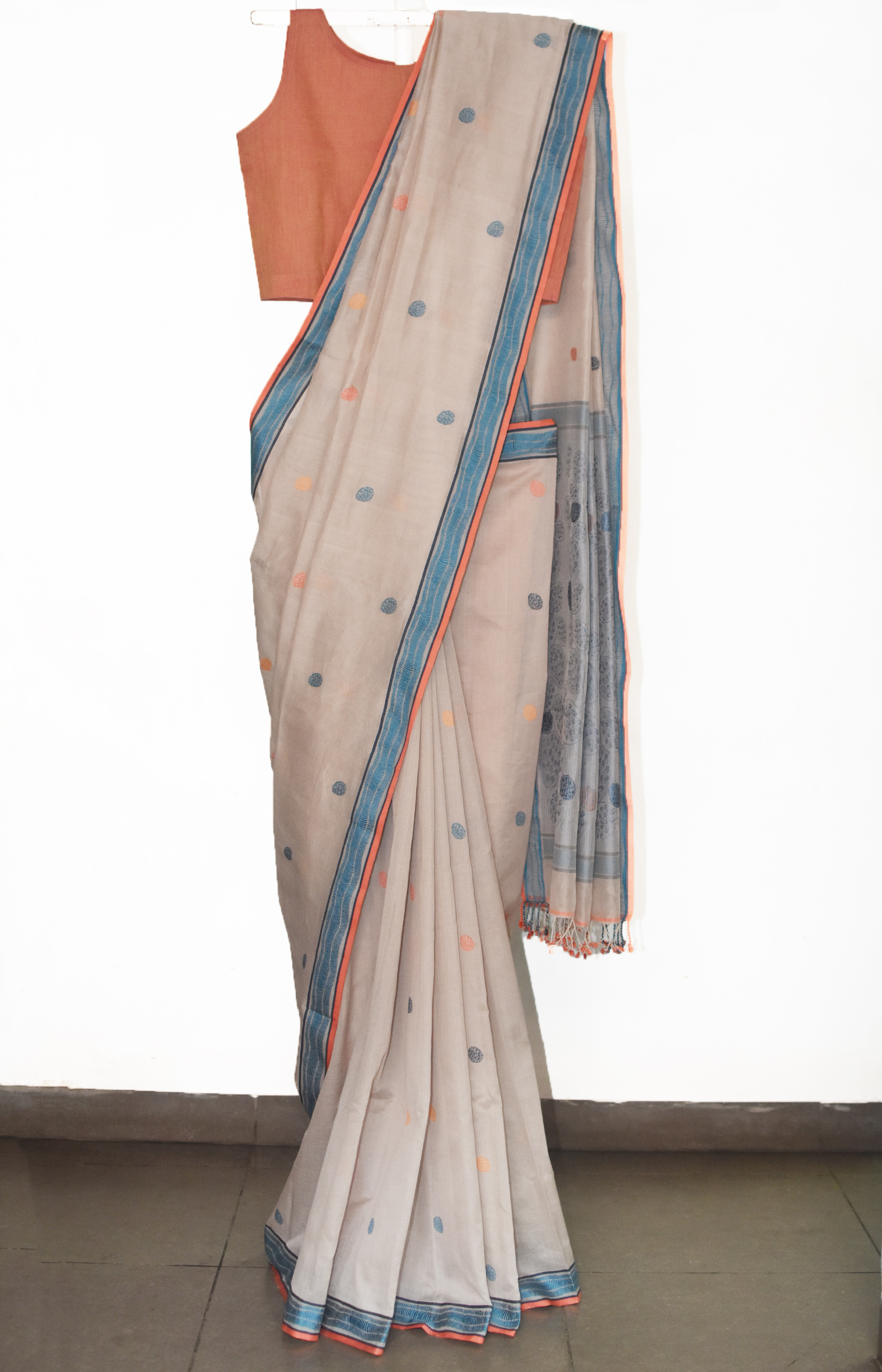   Beige, Handwoven Organic Cotton, Textured Weave , Jacquard, Work Wear, Saree